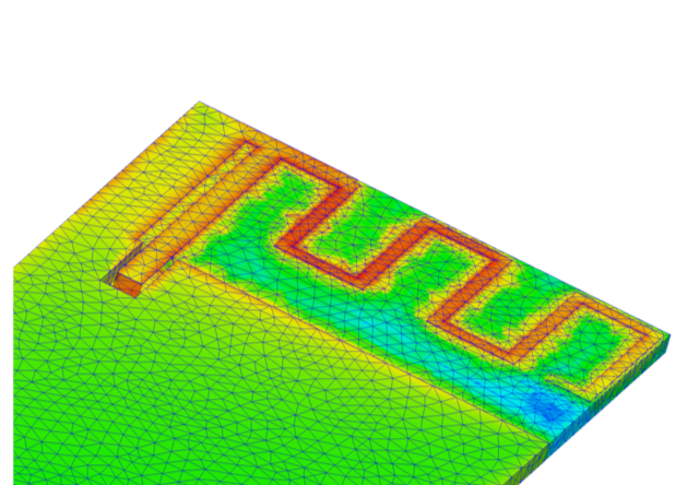 Simulationsdarstellung einer auf der Leiterplatte integrierten Antennenstruktur